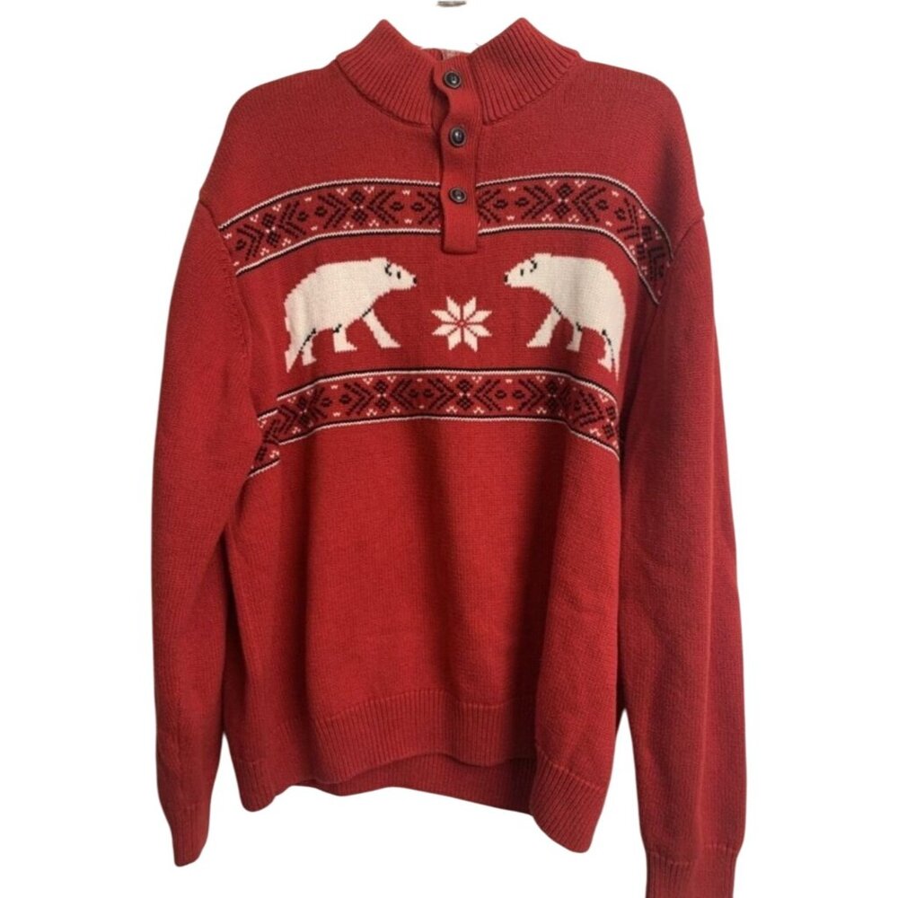Chaps Cotton Red Mock Neck Polar Bear Fair Isle Knit‎ Sweater Size XXL